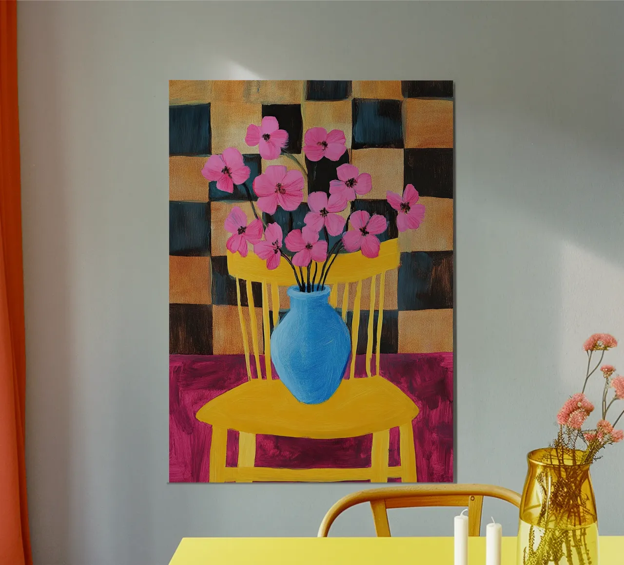 Flores estilo Matisse - Flores rosas en un jarrón azul poster con marco de aluminio de Nikis Art Studio