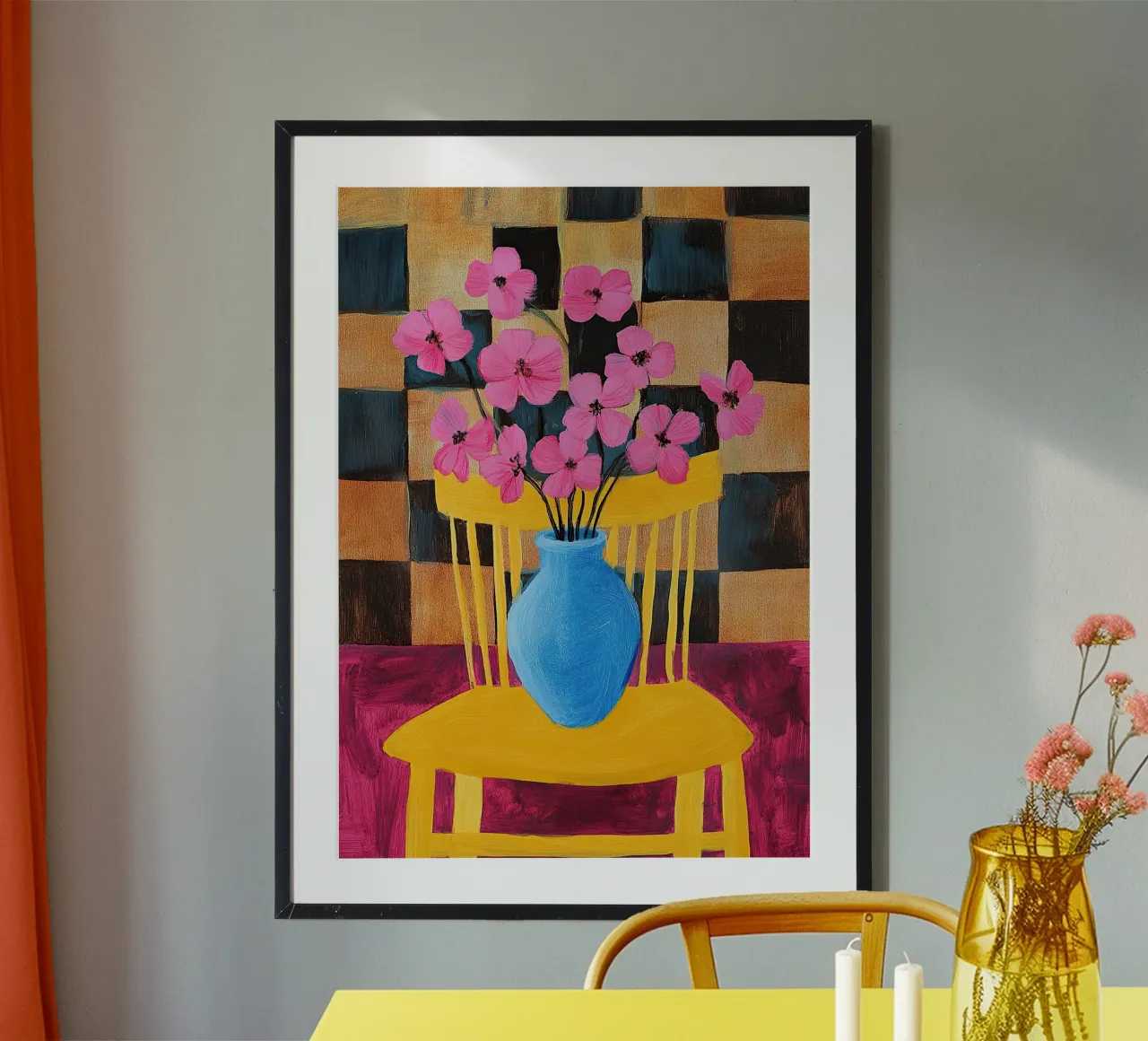 Flores estilo Matisse - Flores rosas en un jarrón azul poster con marco de aluminio de Nikis Art Studio