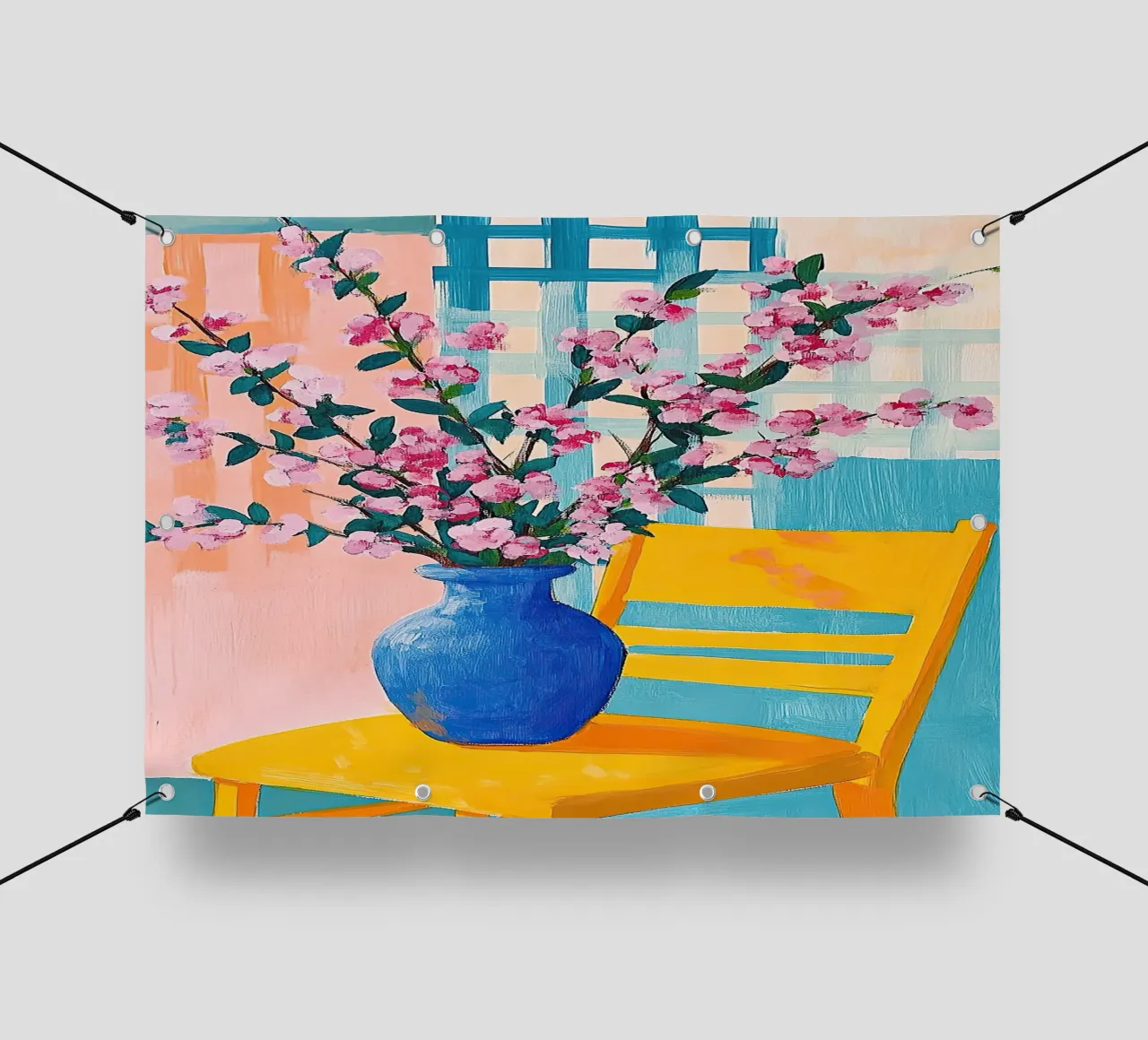Fiori di ciliegio in stile Matisse - Fiori rosa in un vaso blu telo in pvc da Nikis Art Studio