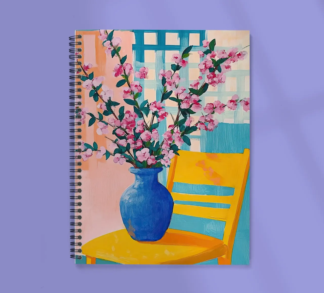 Fiori di ciliegio in stile Matisse - Fiori rosa in un vaso blu diario ad anelli da Nikis Art Studio