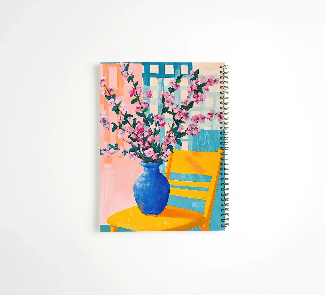 Fiori di ciliegio in stile Matisse - Fiori rosa in un vaso blu diario ad anelli da Nikis Art Studio