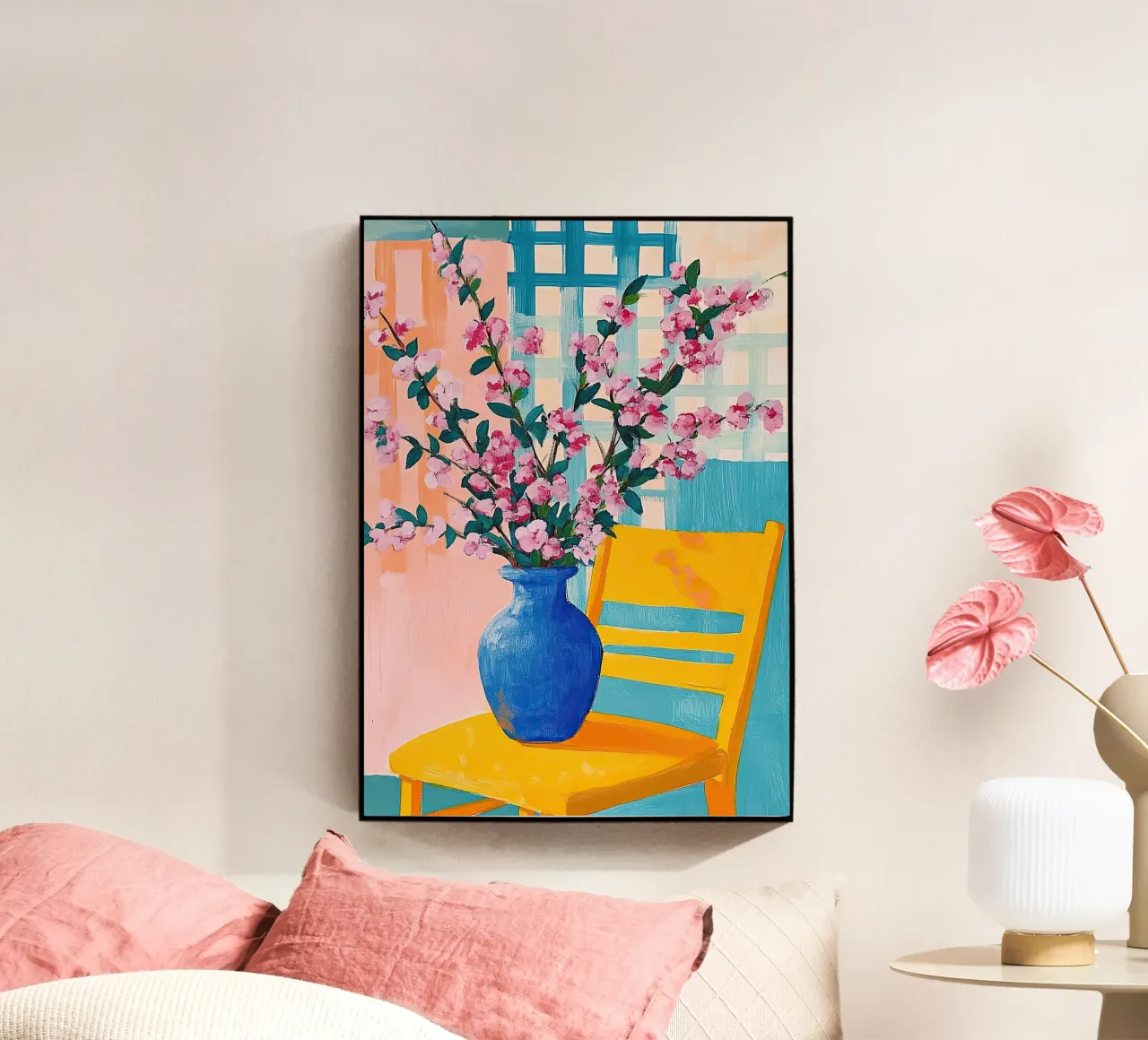 Fiori di ciliegio in stile Matisse - Fiori rosa in un vaso blu plexiglass da Nikis Art Studio