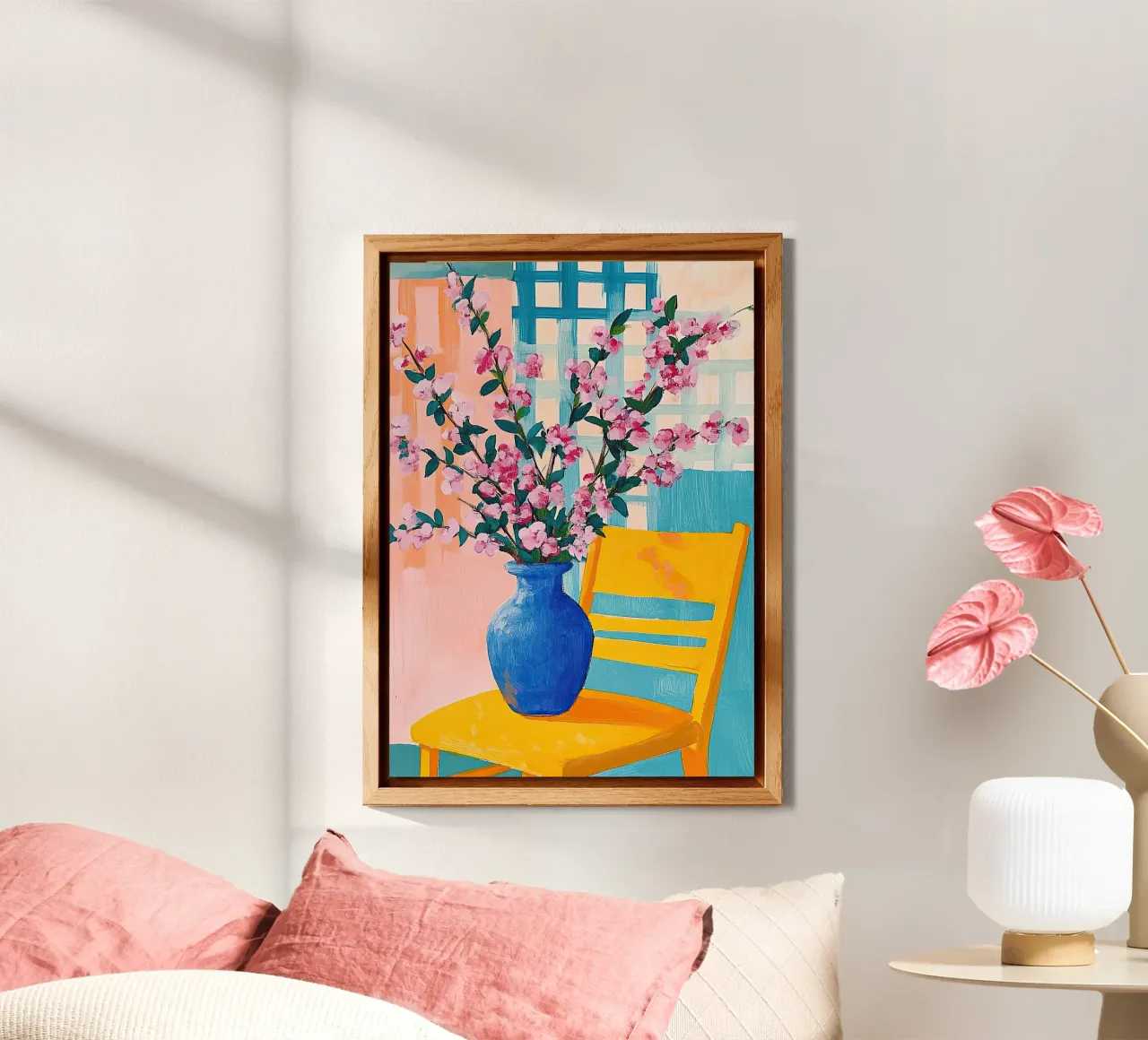 Fiori di ciliegio in stile Matisse - Fiori rosa in un vaso blu alluminio dibond da Nikis Art Studio