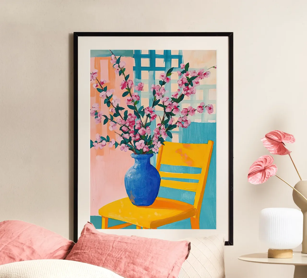 Kirschblüten im Matisse-Stil – Rosa Blumen in blauer Vase Poster von Nikis Art Studio