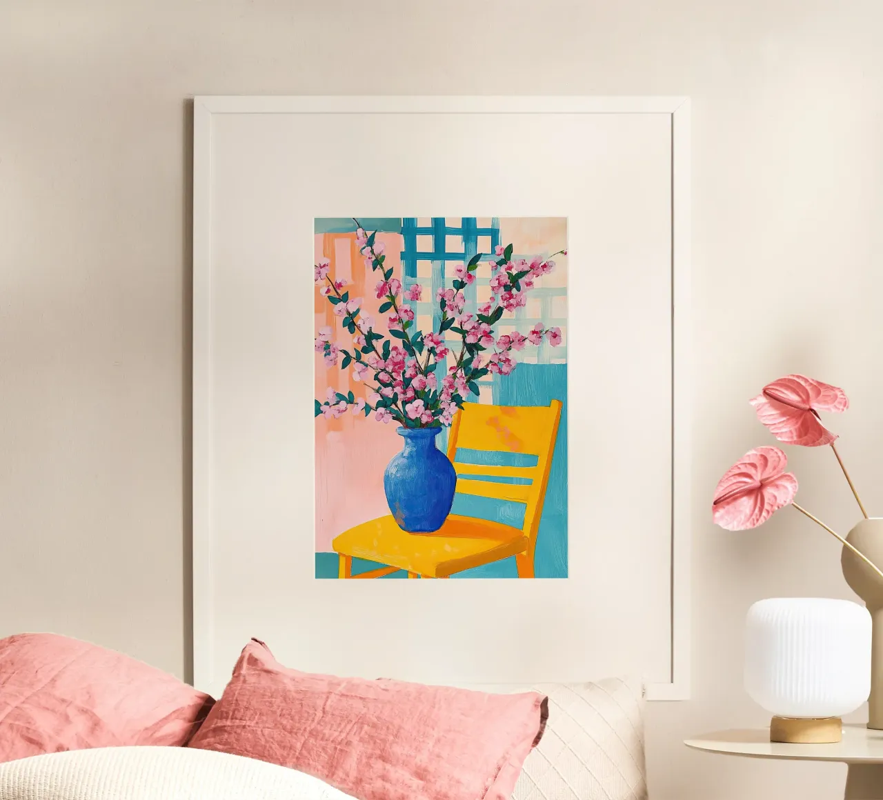 Kirschblüten im Matisse-Stil – Rosa Blumen in blauer Vase Poster von Nikis Art Studio