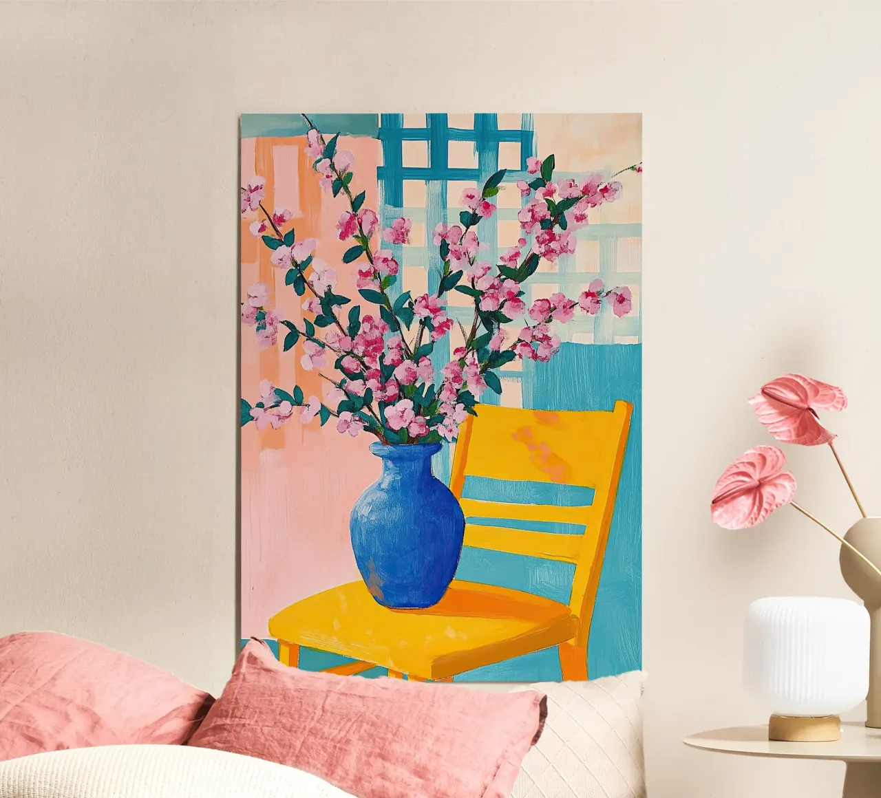 Kirschblüten im Matisse-Stil – Rosa Blumen in blauer Vase Poster von Nikis Art Studio