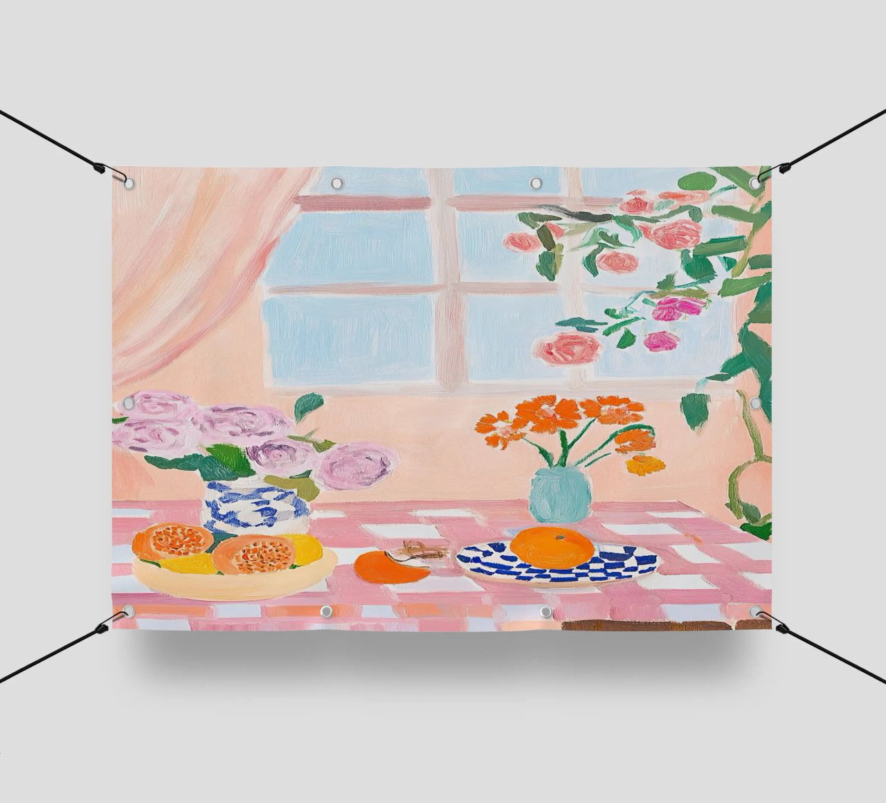 Colori allegri - tavolo con tovaglia a quadri bianchi e rosa telo in pvc da Nikis Art Studio