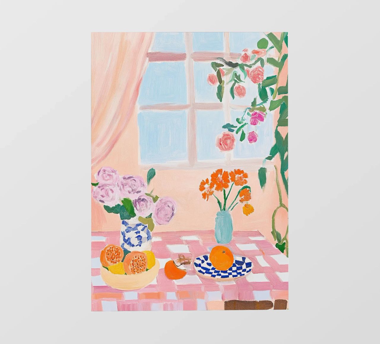 Colori allegri - tavolo con tovaglia a quadri bianchi e rosa telo in pvc da Nikis Art Studio