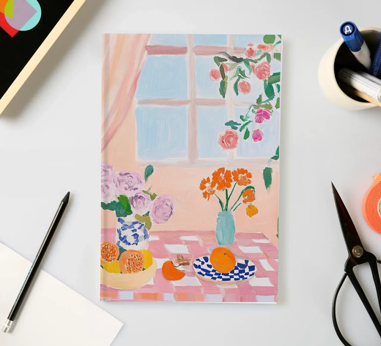 Cheerful colours - table with pink and white checked cloth notebook by Nikis Art Studio