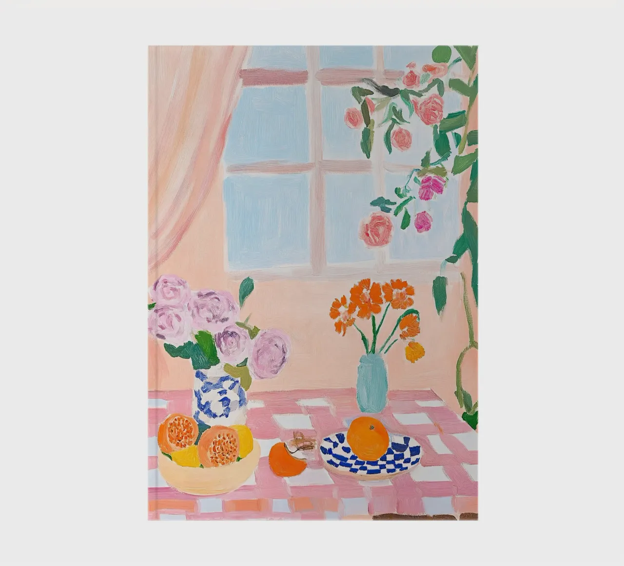 Cheerful colours - table with pink and white checked cloth notebook by Nikis Art Studio