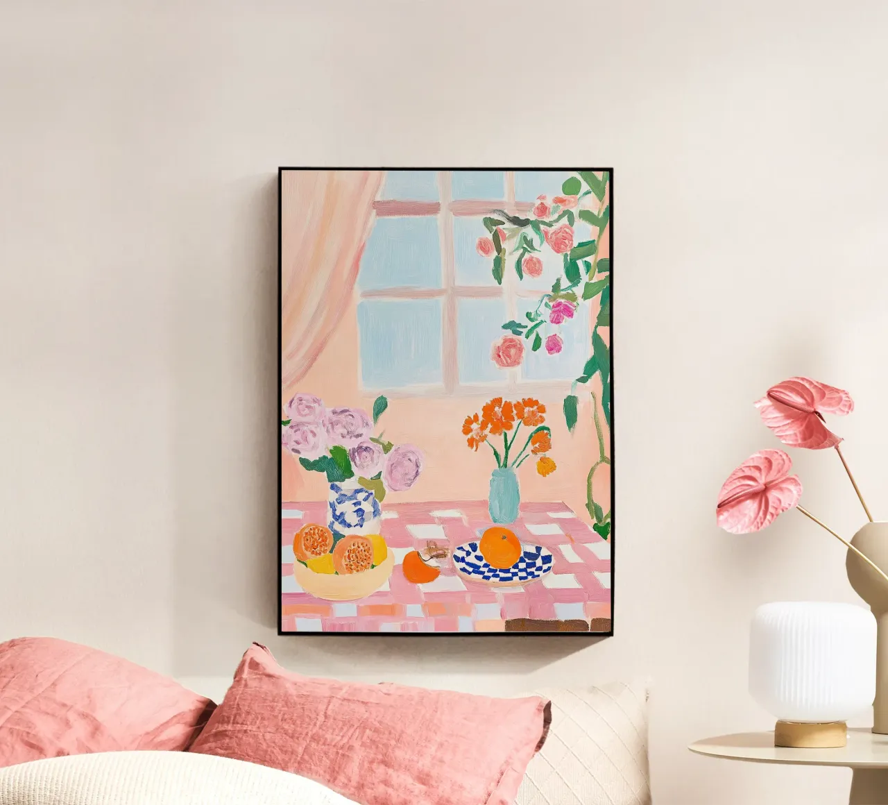 Colores alegres: mesa con mantel de cuadros rosas y blancos metacrilato de Nikis Art Studio