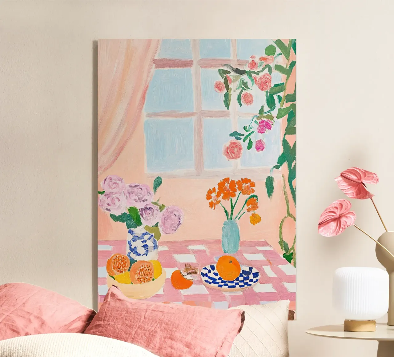 Colores alegres: mesa con mantel de cuadros rosas y blancos metacrilato de Nikis Art Studio