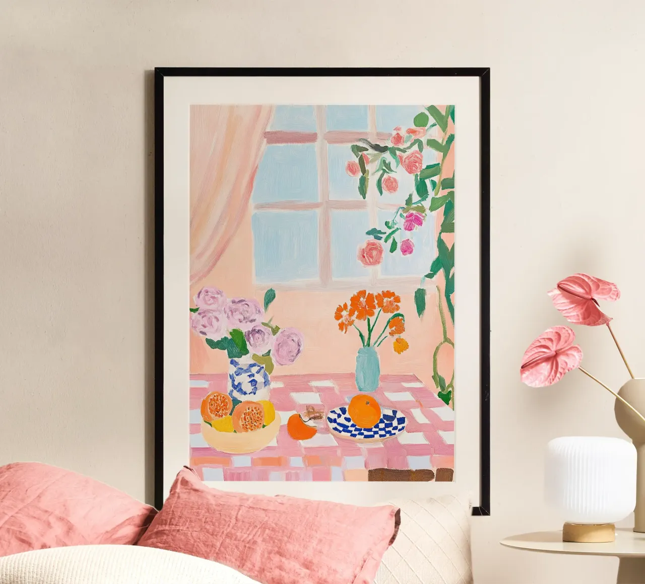 Vrolijke kleuren - tafel met roze en wit geruit kleed hahnemühle van Nikis Art Studio