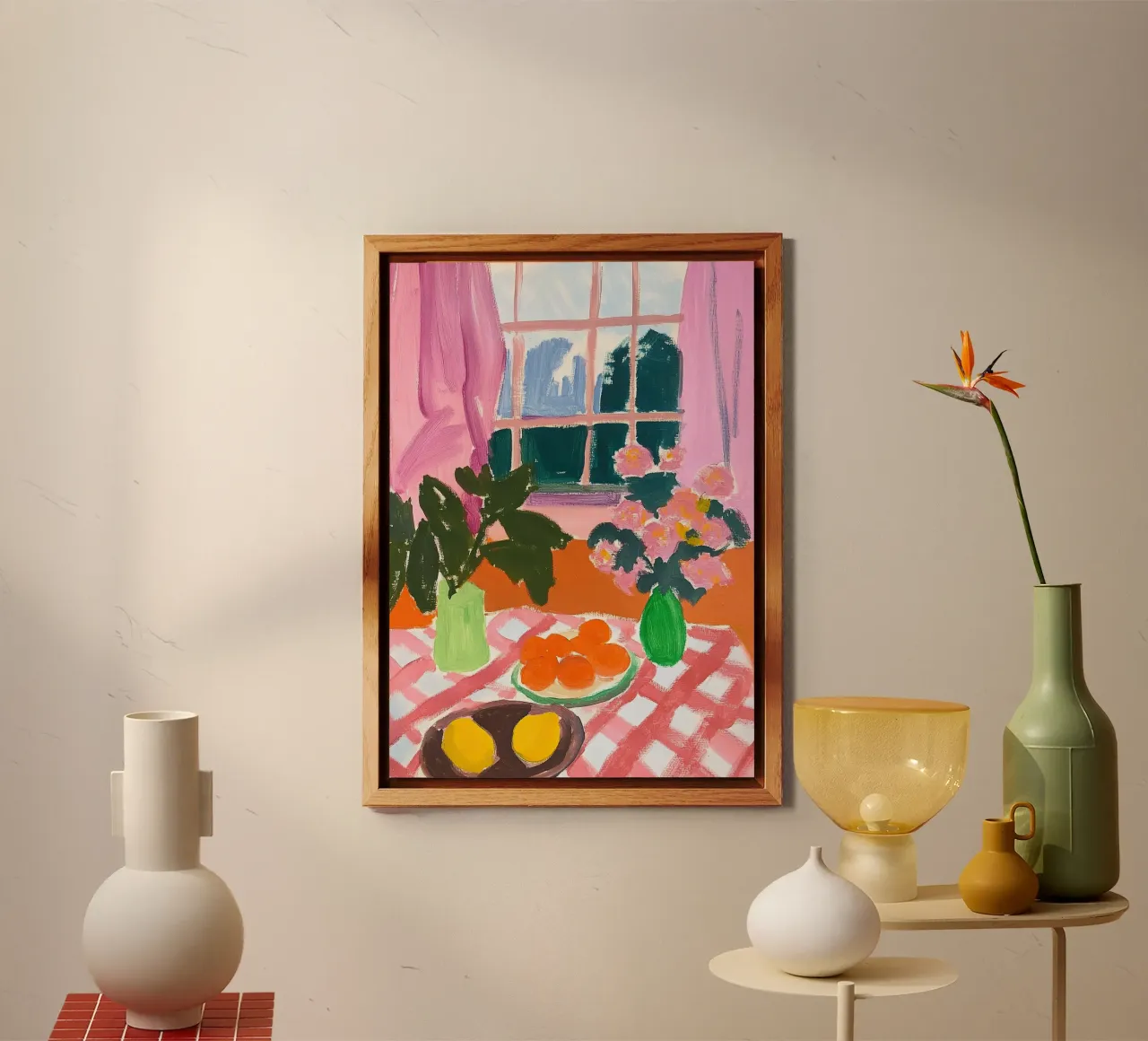 Arte naif - Tovaglia a scacchi rosa e fiori alluminio dibond da Nikis Art Studio