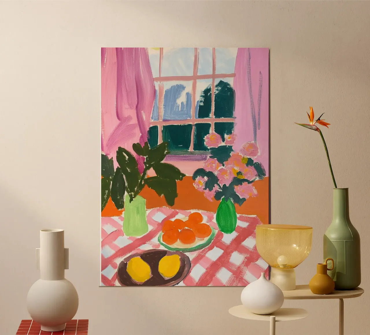 Arte naif - Tovaglia a scacchi rosa e fiori alluminio dibond da Nikis Art Studio