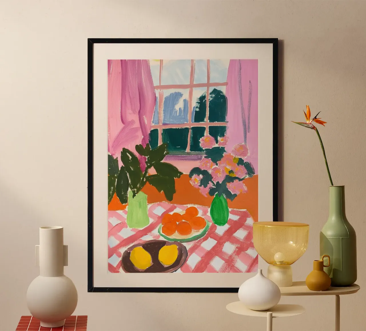 Arte naif - Tovaglia a scacchi rosa e fiori poster da Nikis Art Studio
