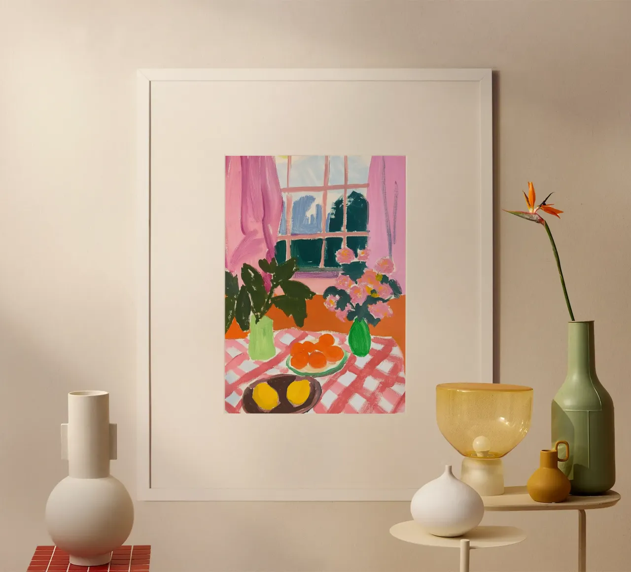 Arte naif - Tovaglia a scacchi rosa e fiori poster da Nikis Art Studio