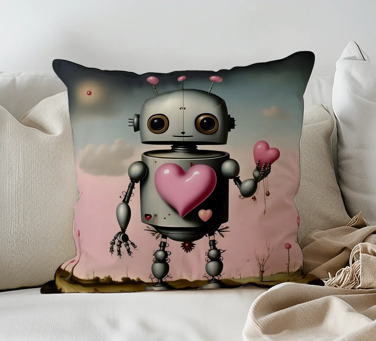 Robot con un cuore_12 cuscino da Pink- und LoveArt by LK