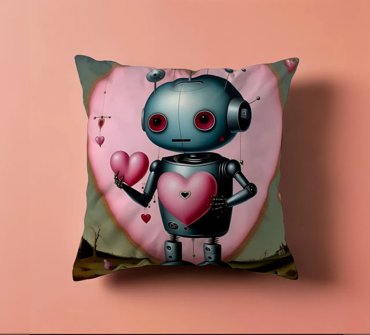 Robot con un cuore_13 cuscino da Pink- und LoveArt by LK