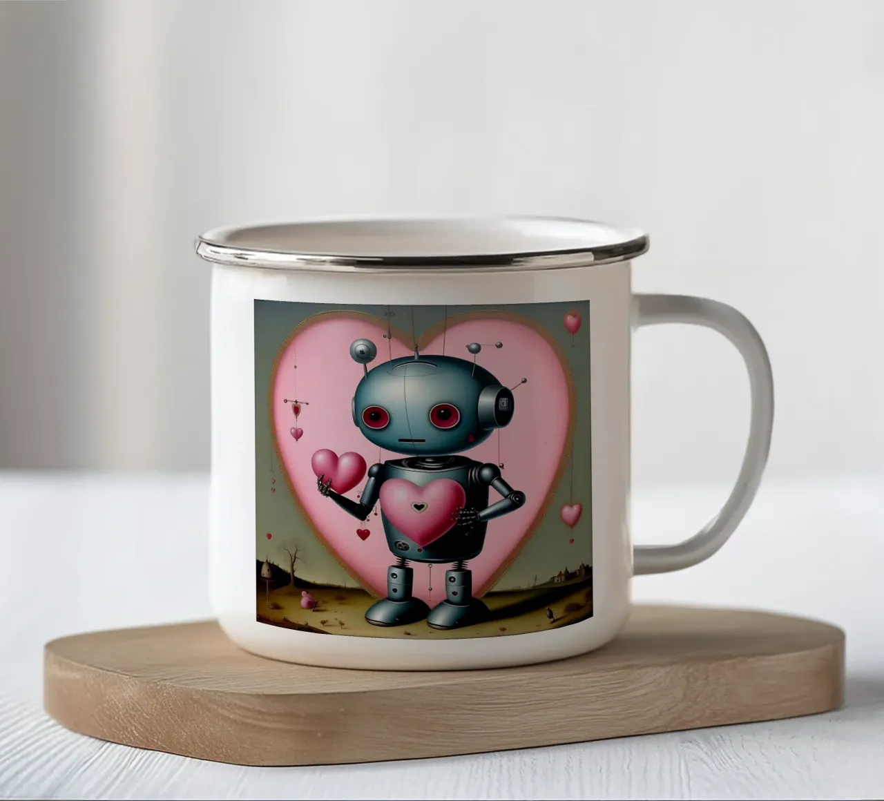 Roboter mit Herz_13 Emaille Tasse von Pink- und LoveArt by LK