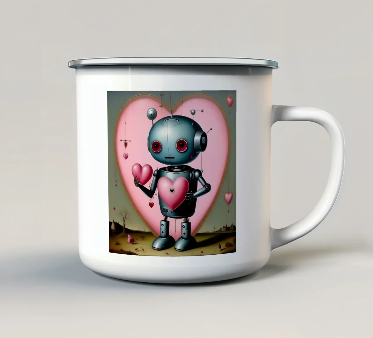 Roboter mit Herz_13 Emaille Tasse von Pink- und LoveArt by LK