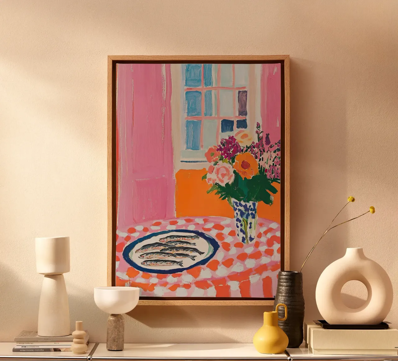 Colori vivaci - sardine, fiori e coccinelle tela con Cornice a cassetta da Nikis Art Studio