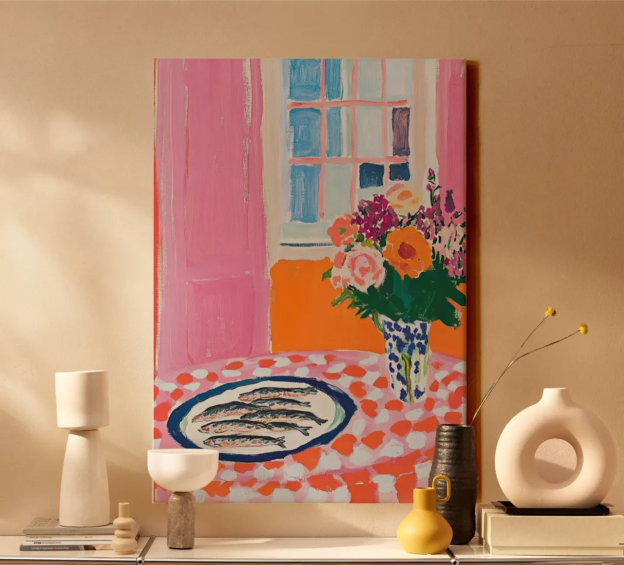 Colori vivaci - sardine, fiori e coccinelle tela con Cornice a cassetta da Nikis Art Studio