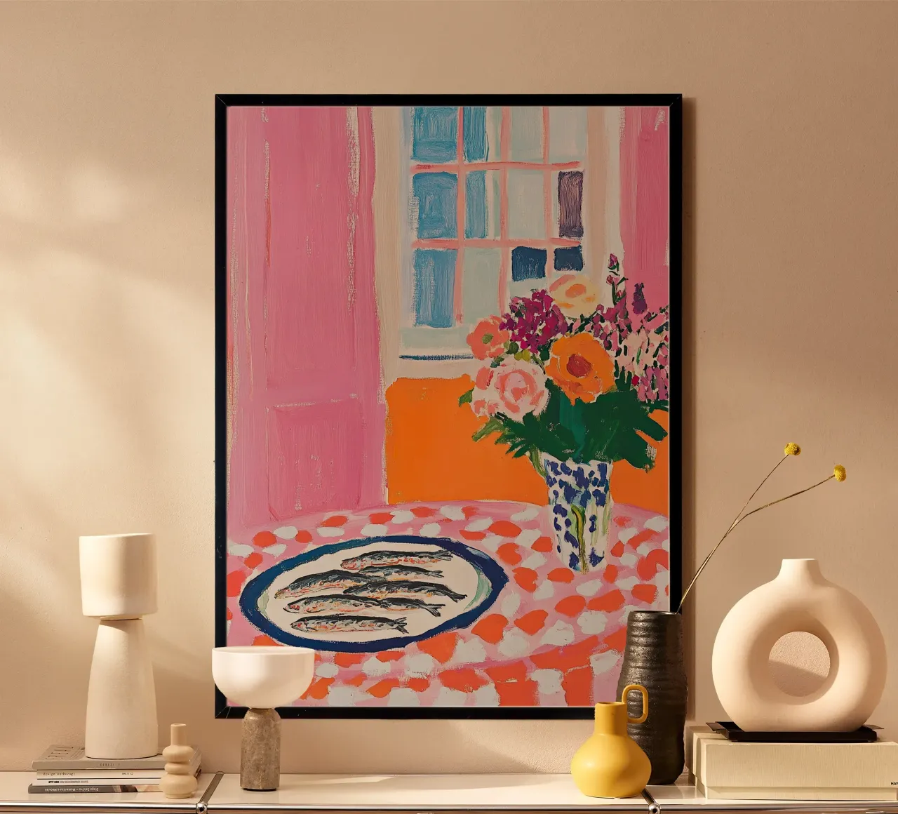 Colori vivaci - sardine, fiori e coccinelle poster con telaio in alluminio da Nikis Art Studio