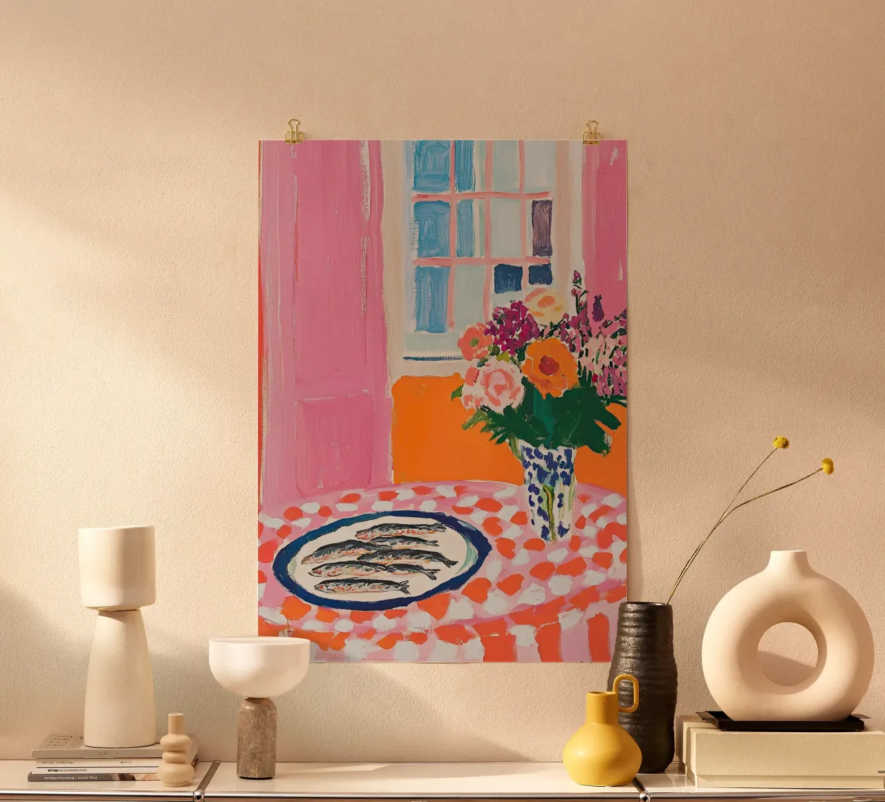 Colori vivaci - sardine, fiori e coccinelle poster con telaio in alluminio da Nikis Art Studio