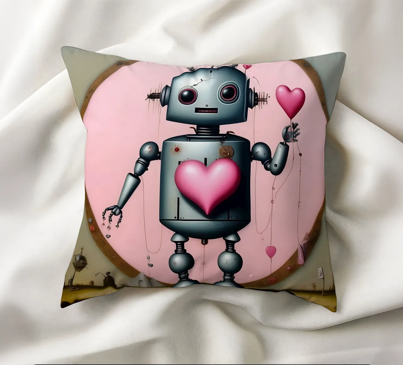Robot con un cuore_14 cuscino da Pink- und LoveArt by LK
