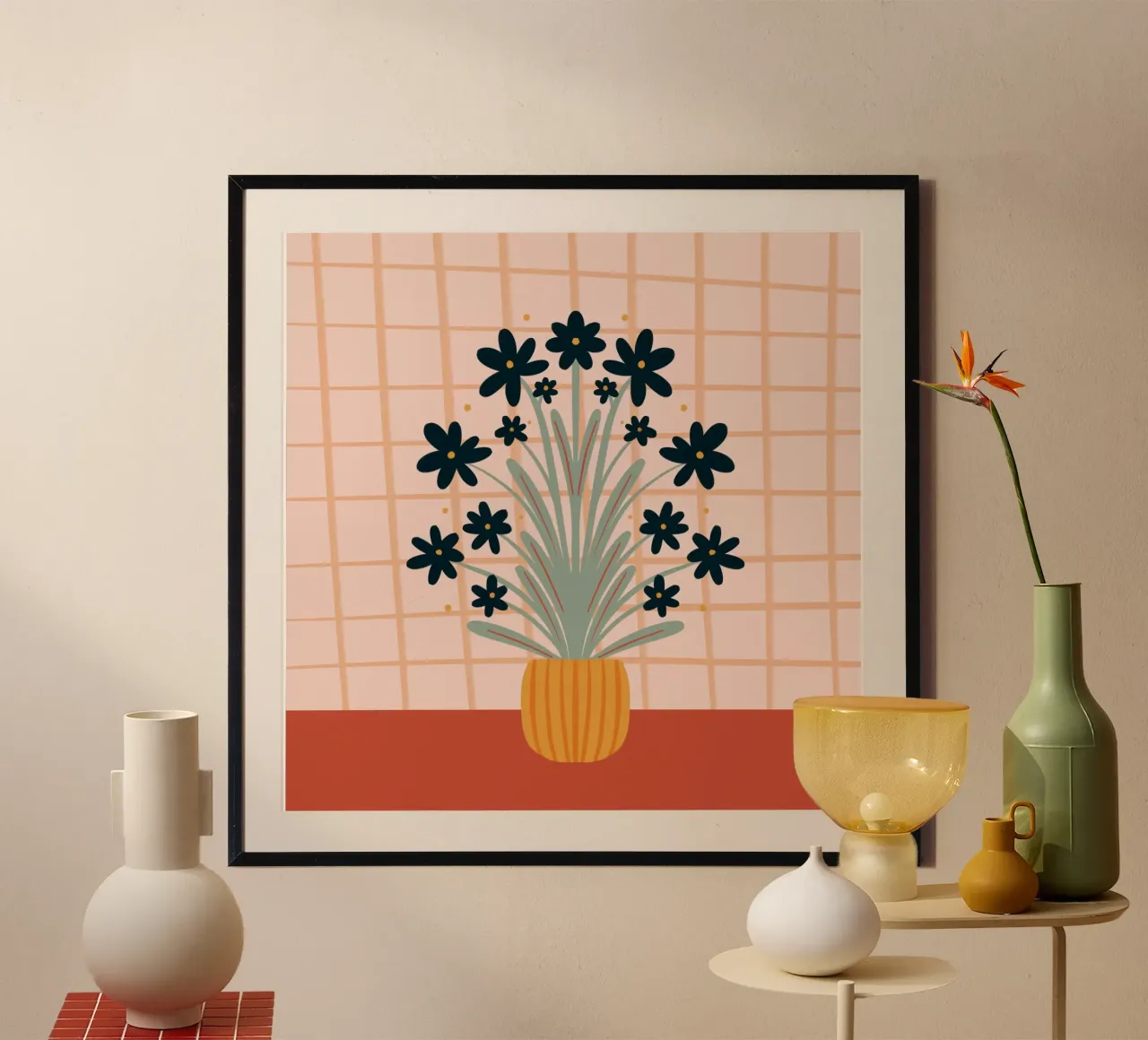 Vaso floreale retrò - arancione poster con telaio in alluminio da Wackapacka