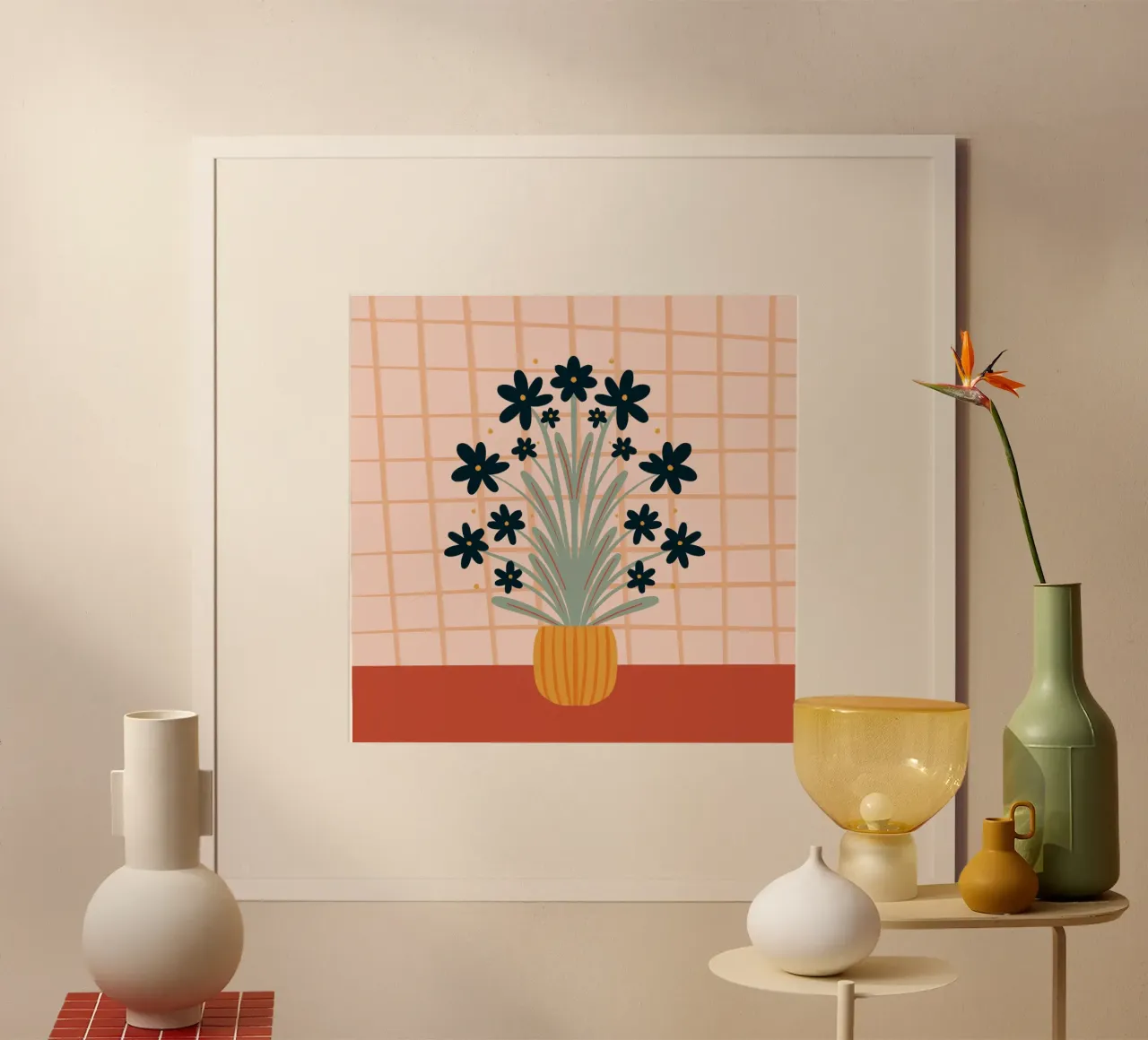Vaso floreale retrò - arancione poster con telaio in alluminio da Wackapacka