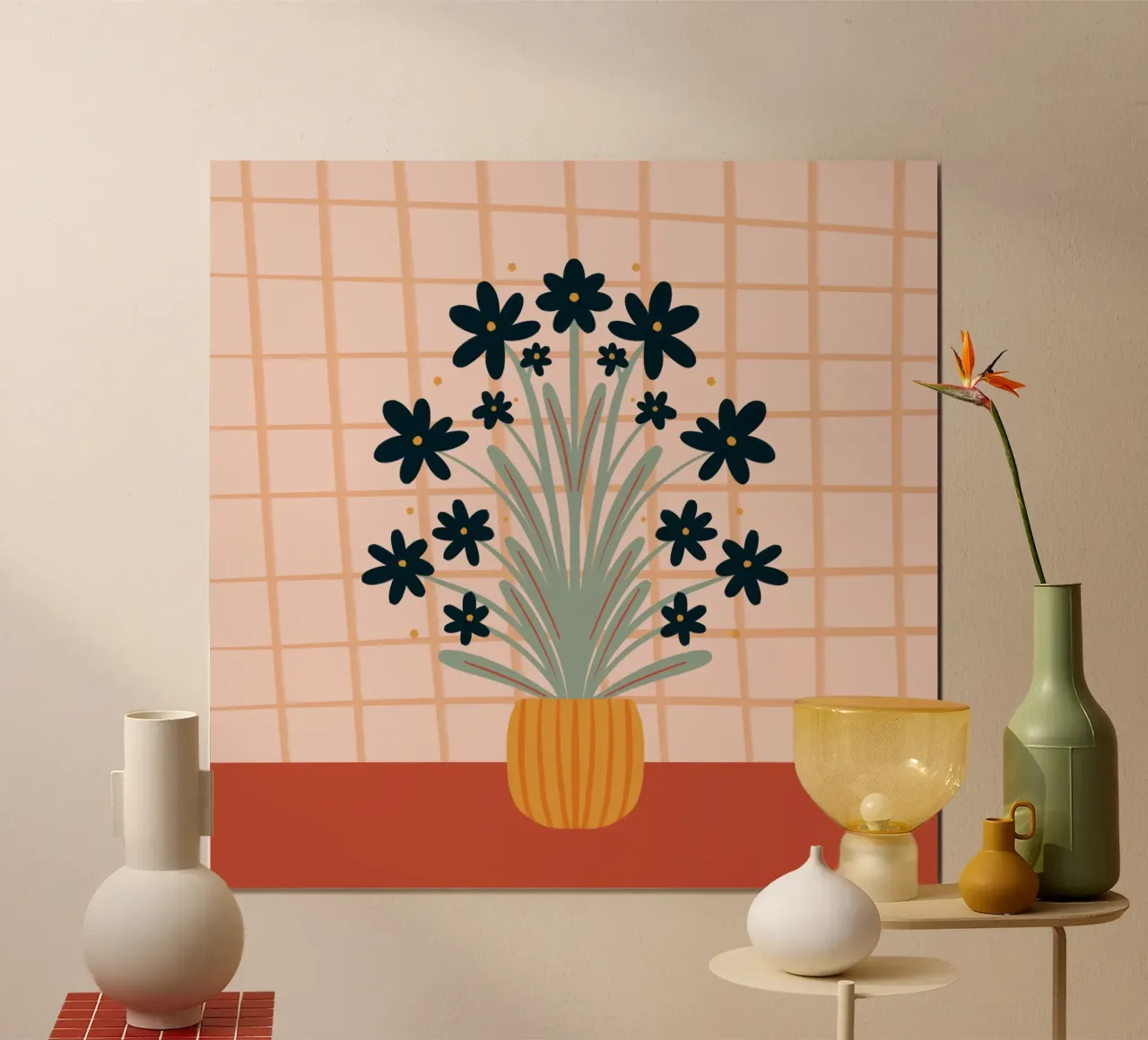 Vaso floreale retrò - arancione poster con telaio in alluminio da Wackapacka