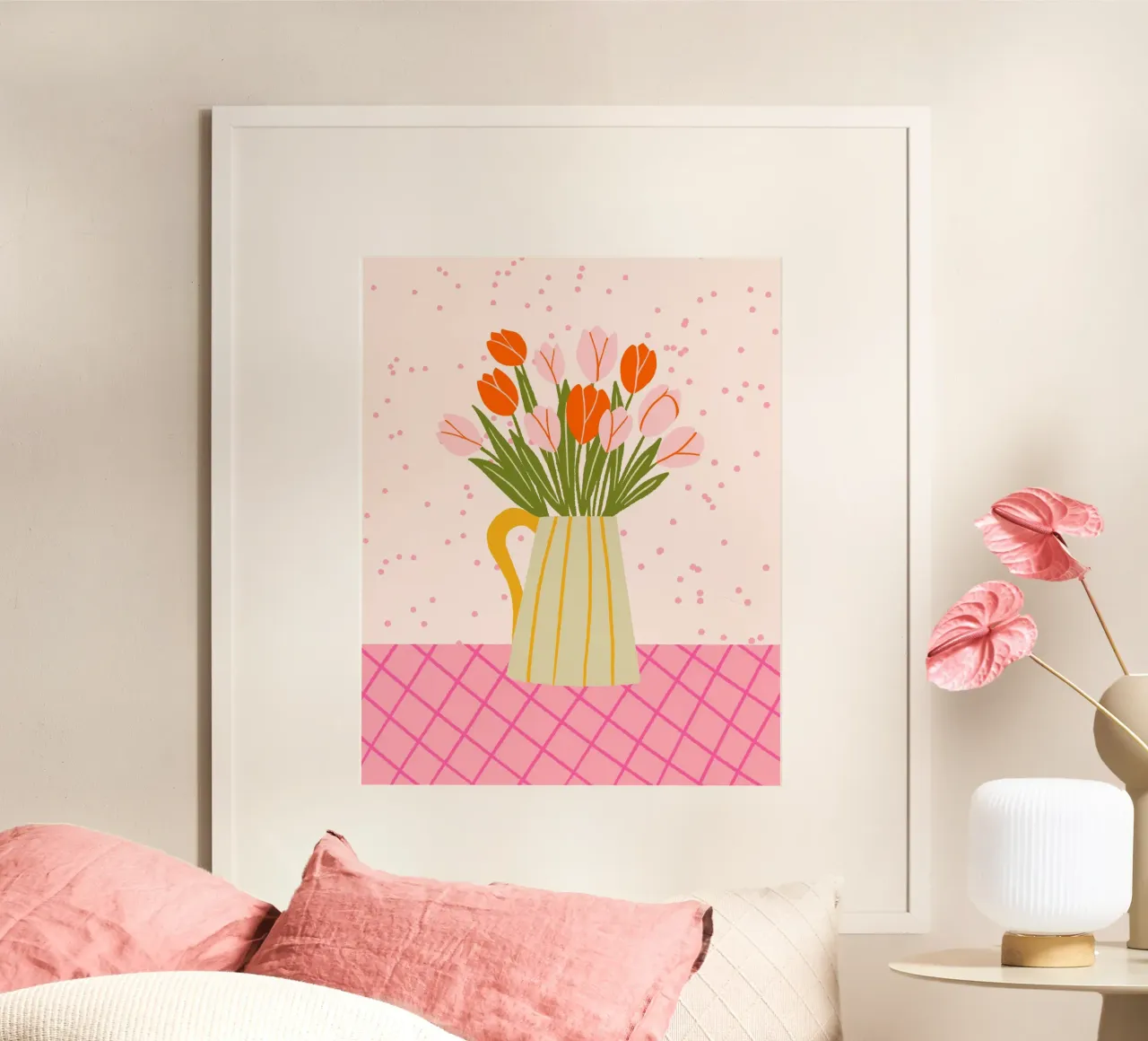 Tulipani in vaso - rosa e arancione poster con telaio in plastica da Wackapacka
