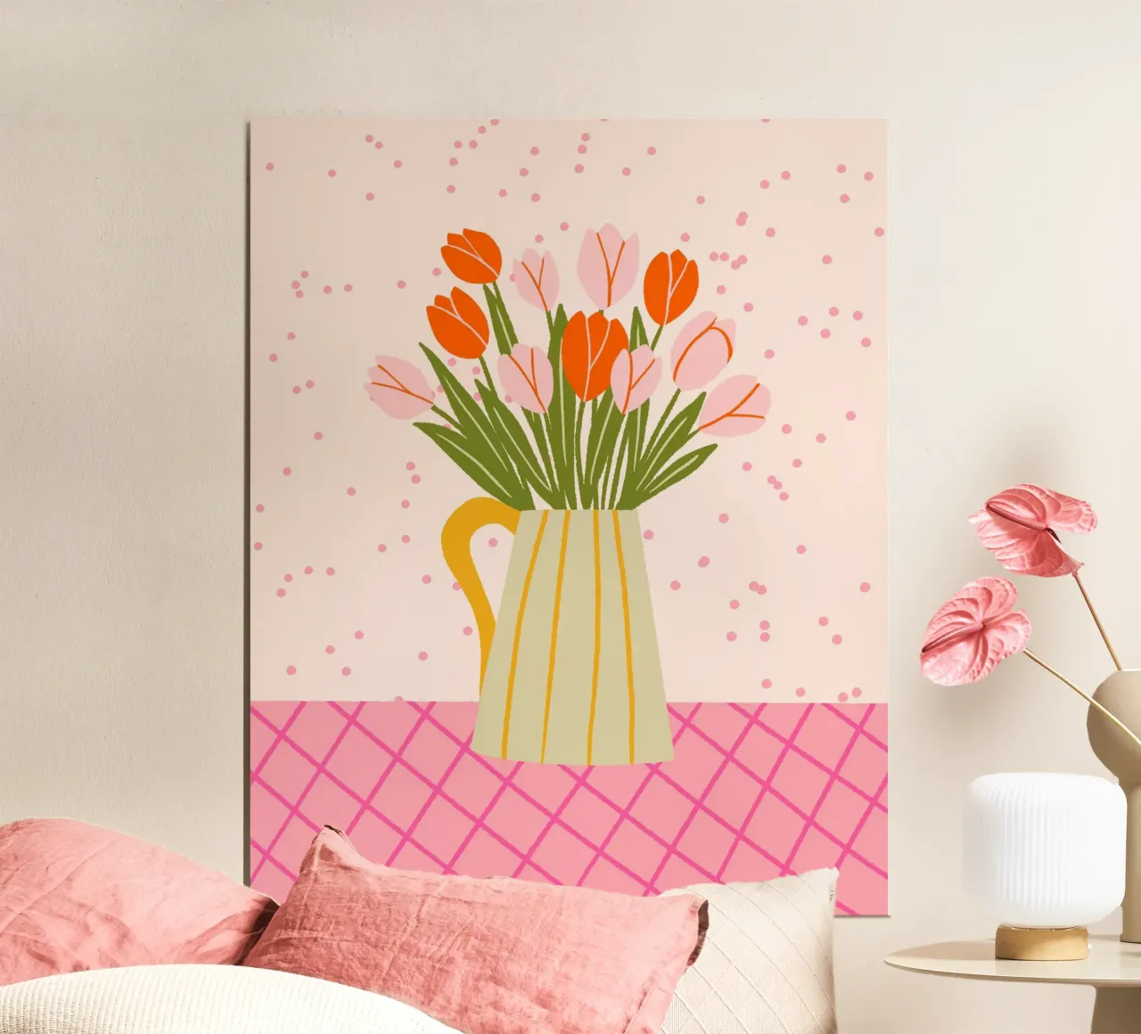 Tulipani in vaso - rosa e arancione poster con telaio in plastica da Wackapacka