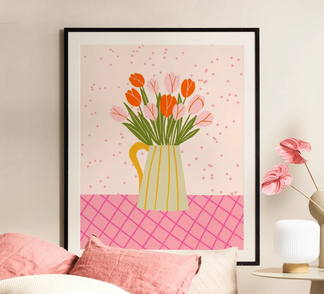Tulipani in vaso - rosa e arancione poster con telaio in plastica da Wackapacka