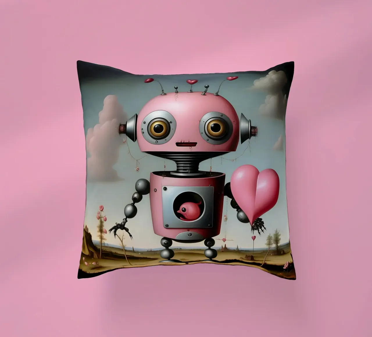 Robot con un cuore_17 cuscino da Pink- und LoveArt by LK