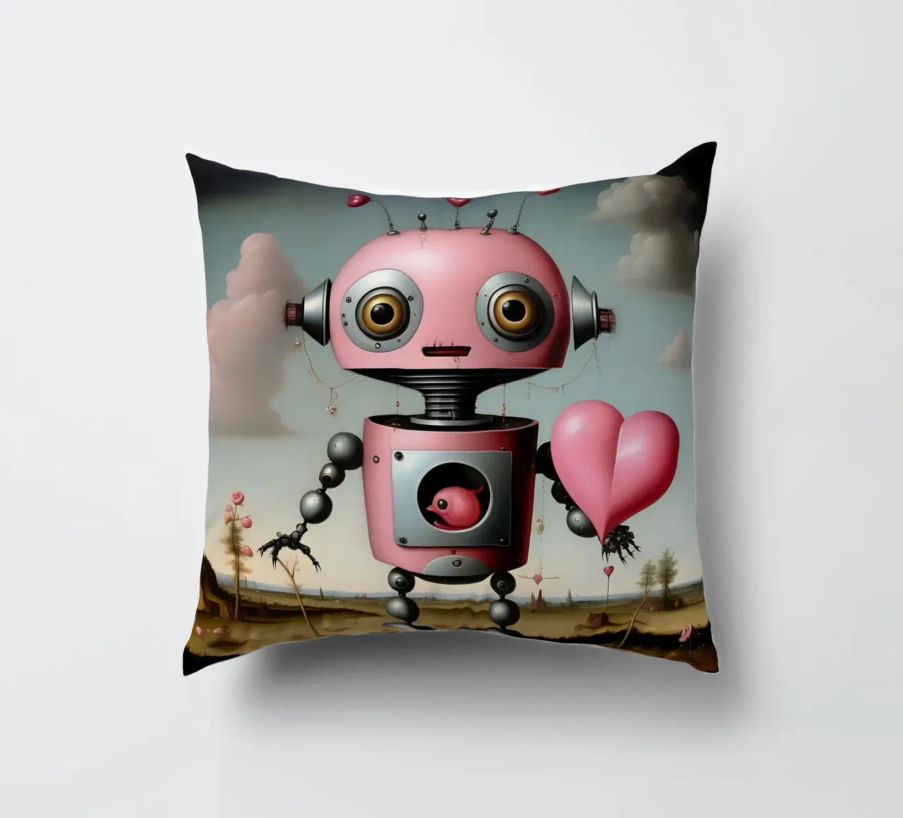 Robot con un cuore_17 cuscino da Pink- und LoveArt by LK