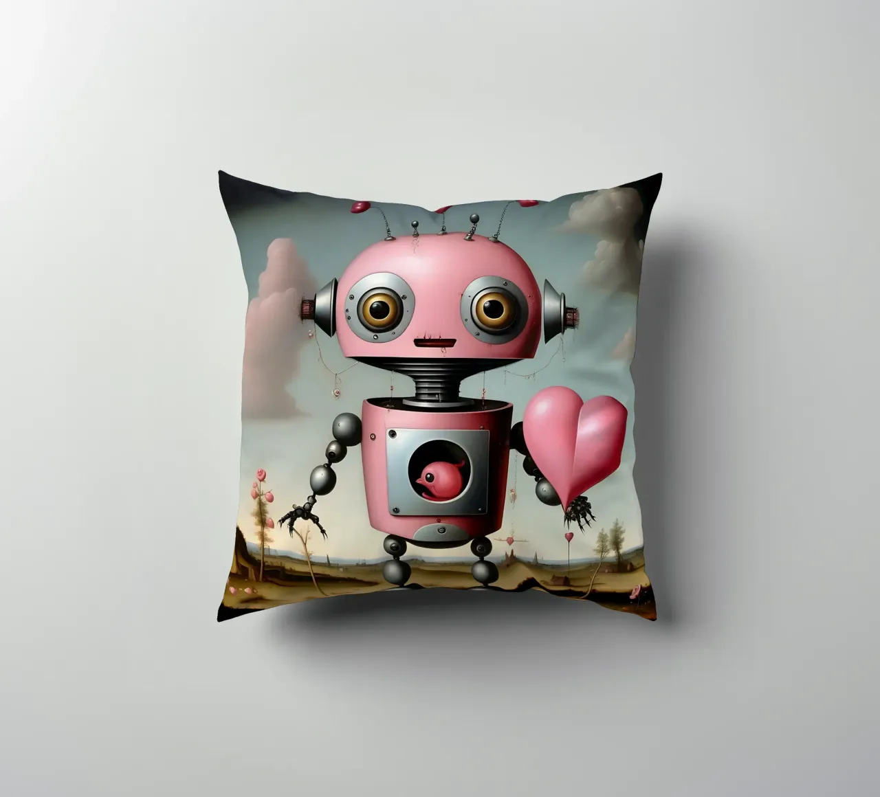 Robot con un cuore_17 cuscino da Pink- und LoveArt by LK