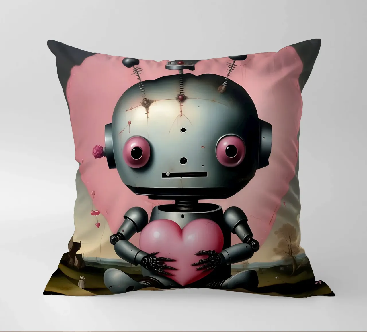 Robot con un cuore_19 cuscino da Pink- und LoveArt by LK