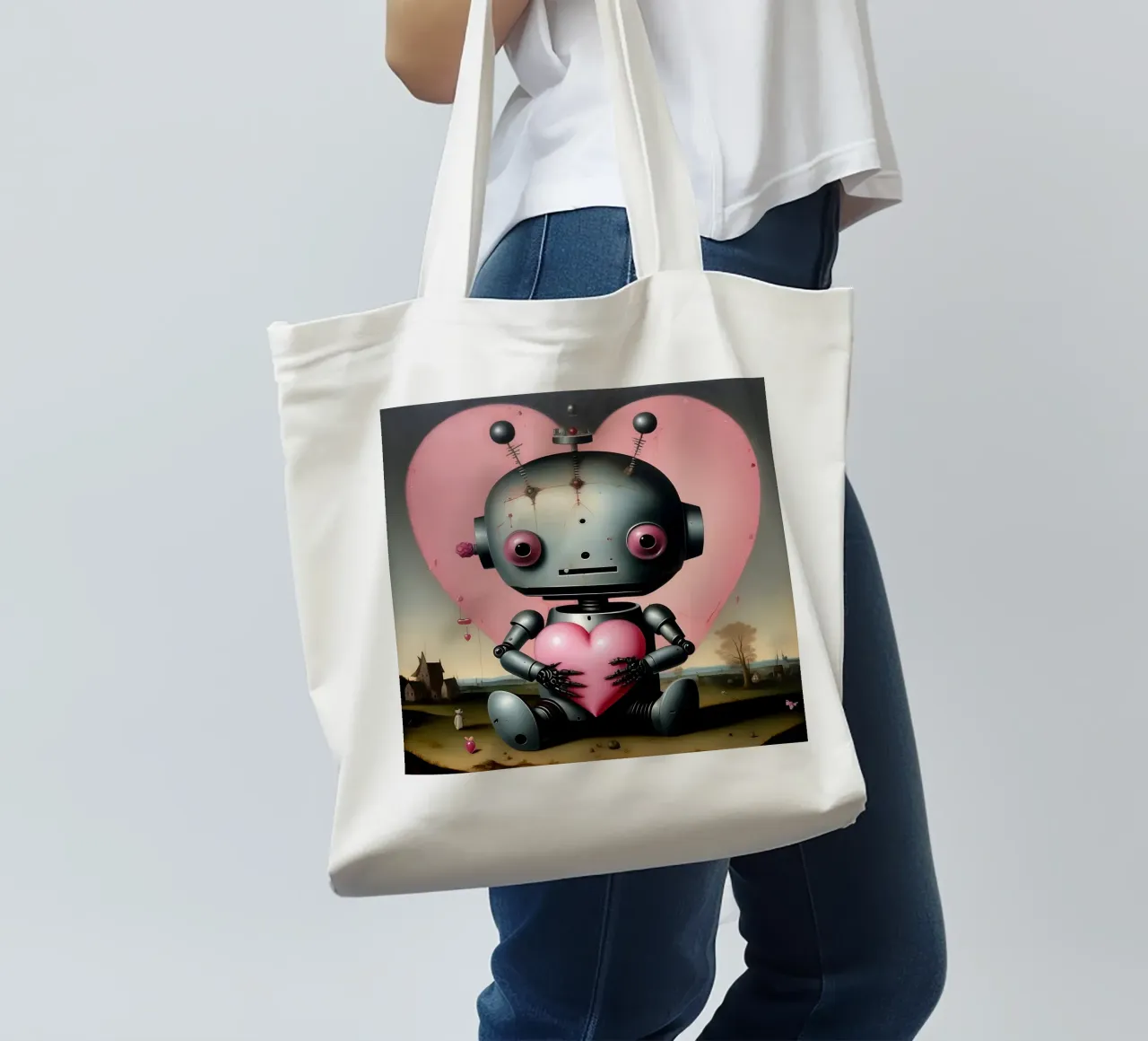 Robot con un cuore_19 borsa in juta da Pink- und LoveArt by LK