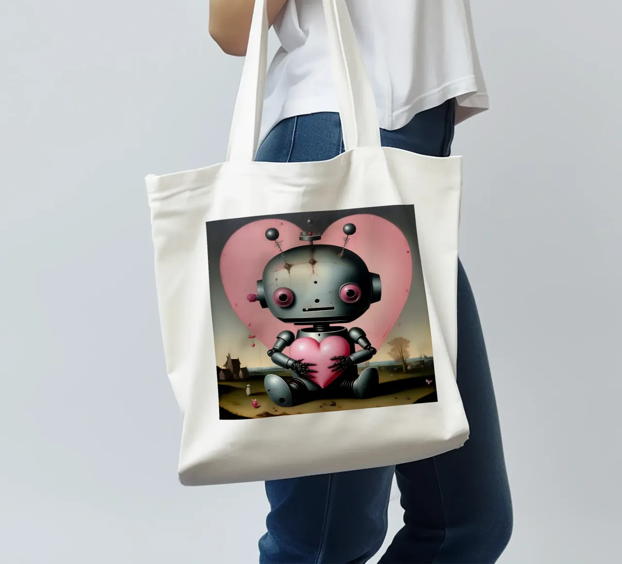 Robot con un cuore_19 borsa in juta da Pink- und LoveArt by LK