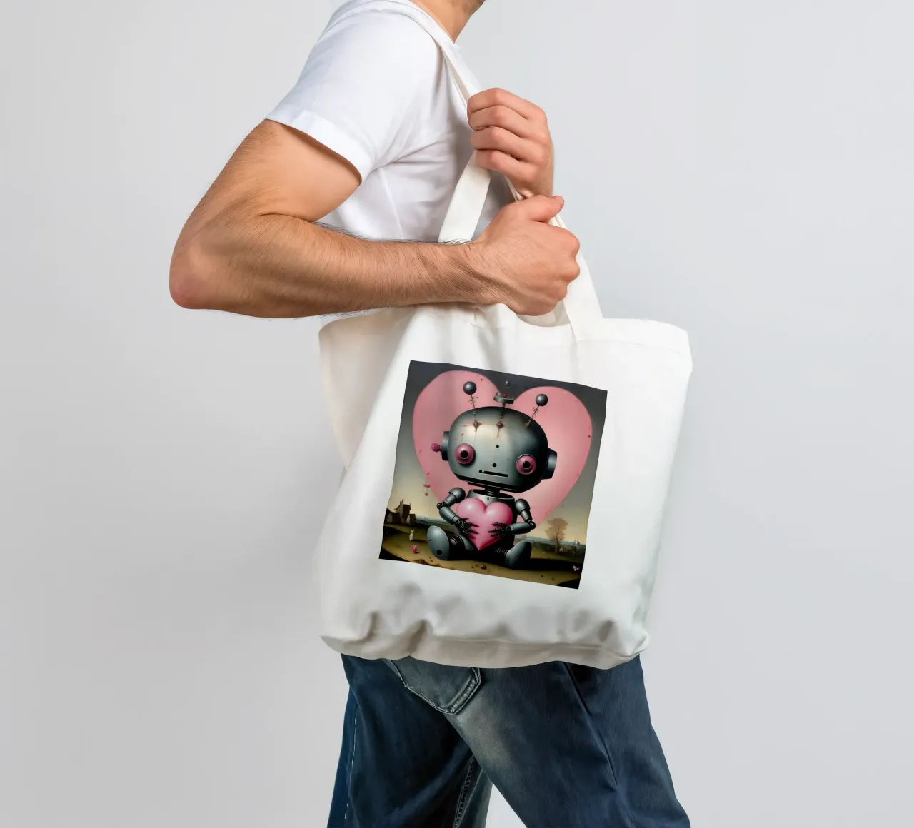 Robot con un cuore_19 borsa in juta da Pink- und LoveArt by LK