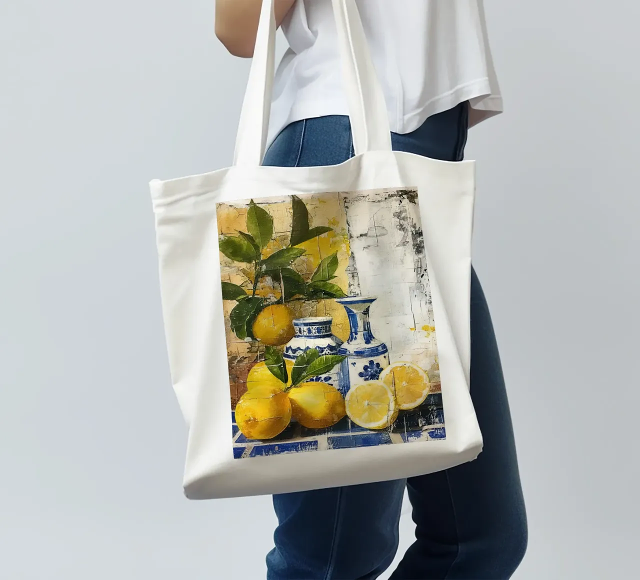Lemons and vases borsa in juta da LisaArtes