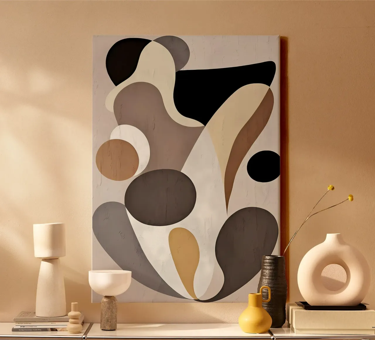 Zwart en beige abstract canvas met Baklijst van Aiden Garcia