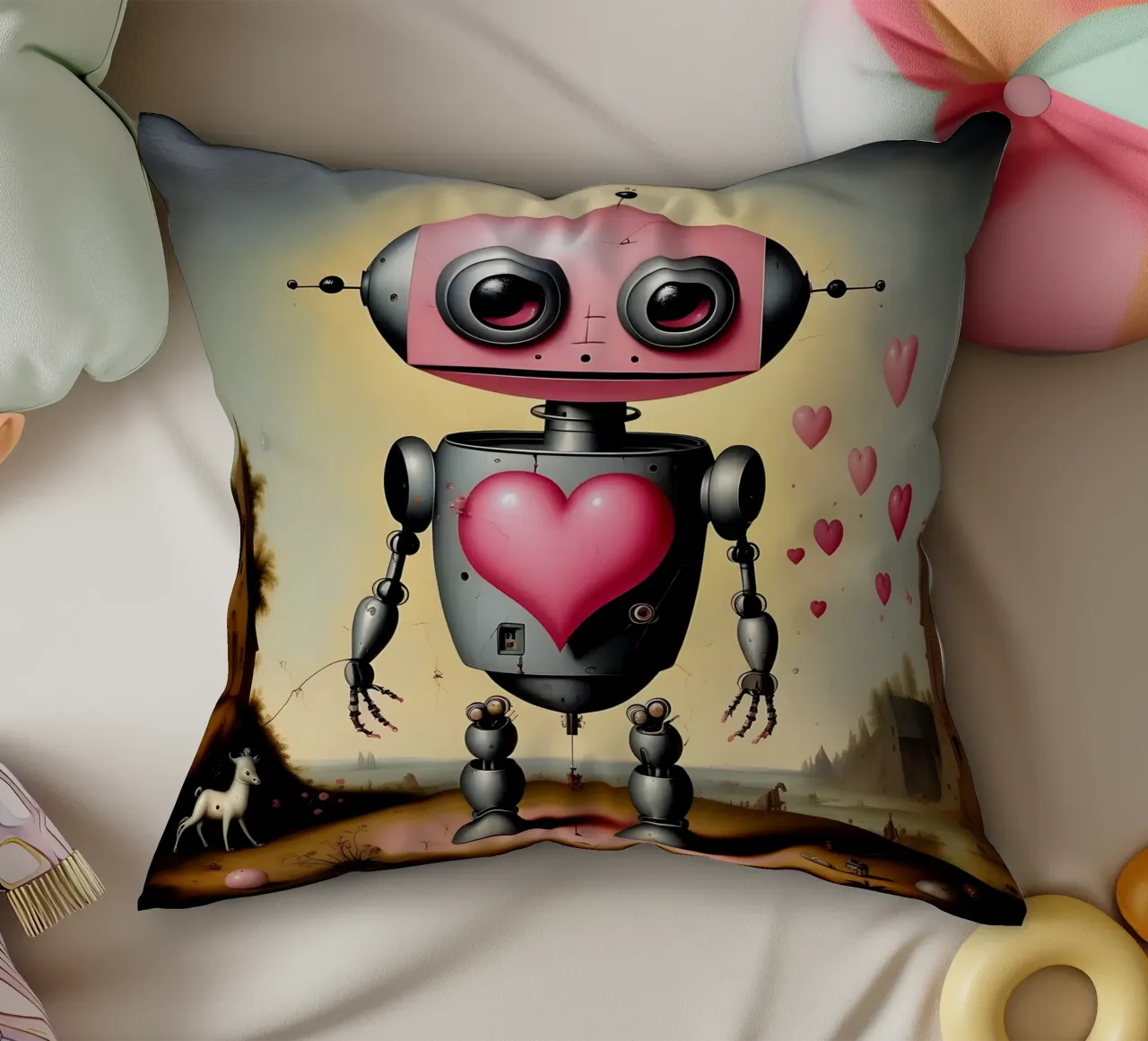 Robot con un cuore_22 cuscino da Pink- und LoveArt by LK