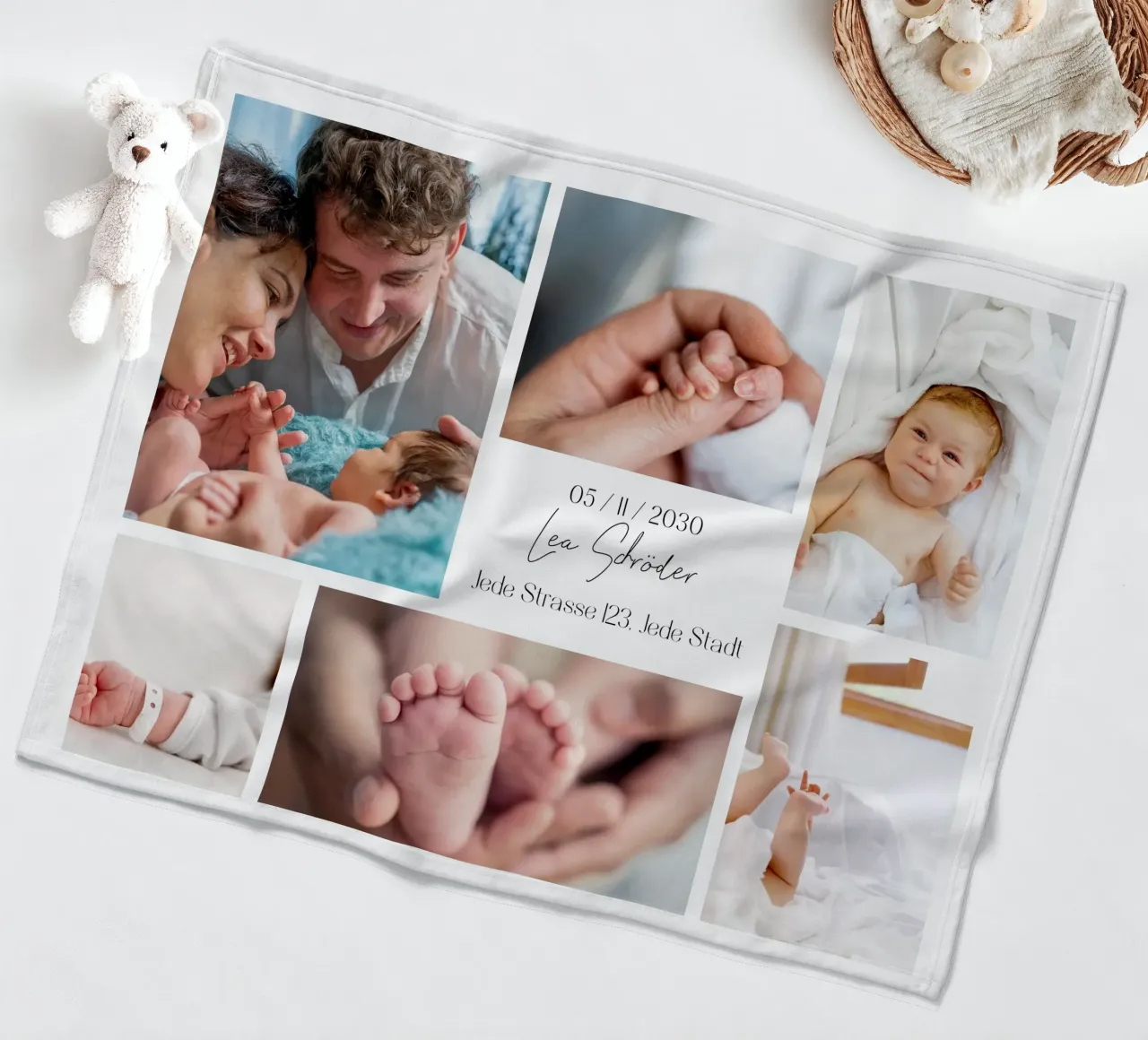 Collage per bambini per la nascita - personalizzabile con nome e data coperta in pile da FRAMELY