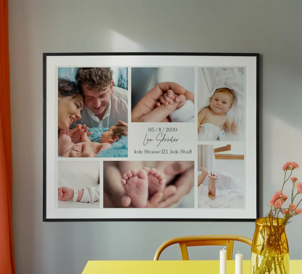 Baby-Collage zur Geburt – personalisierbar mit Name & Datum Poster von FRAMELY