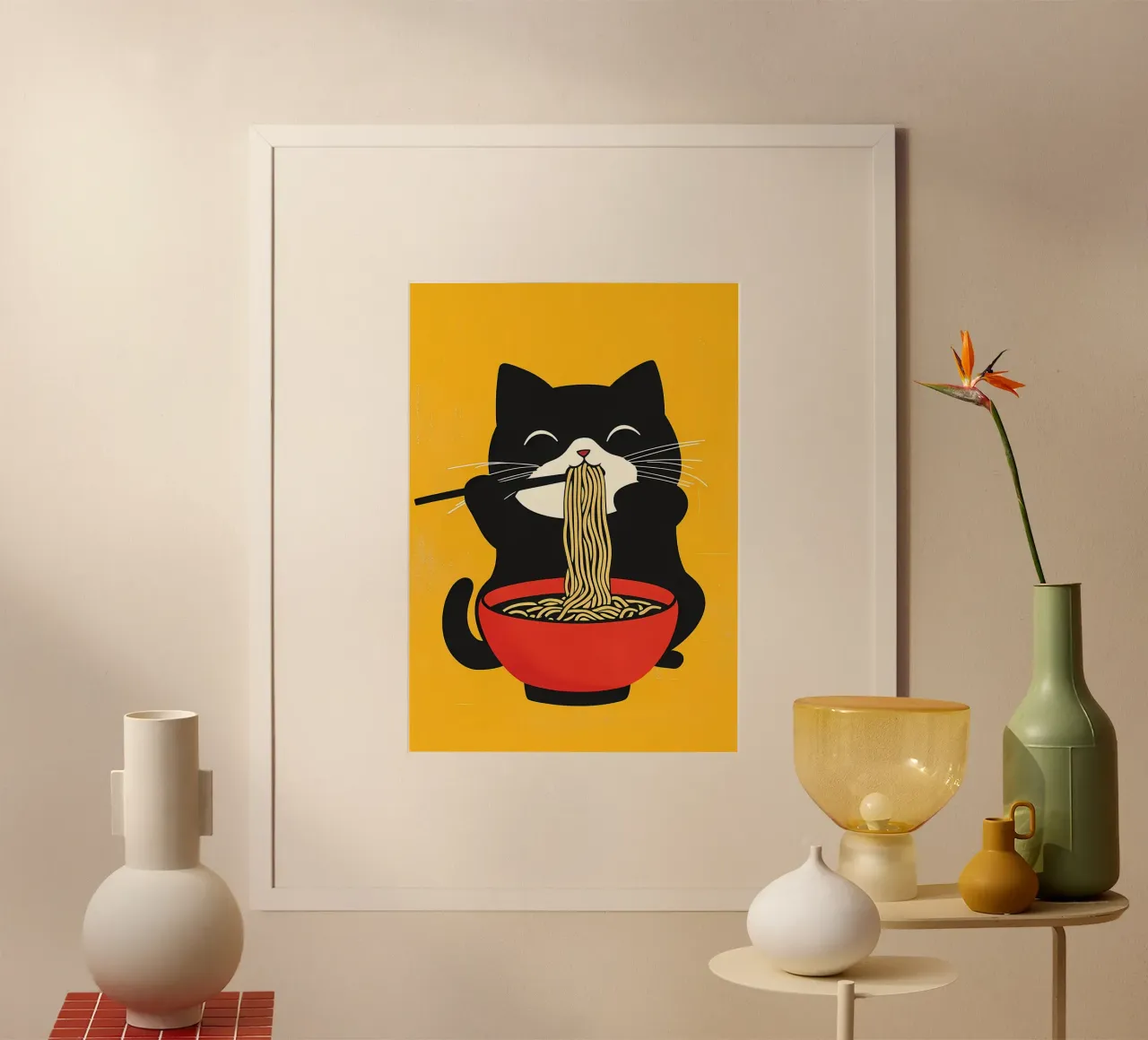Chat mangeant des ramen poster avec cadre en aluminium de Bartosz Powalka