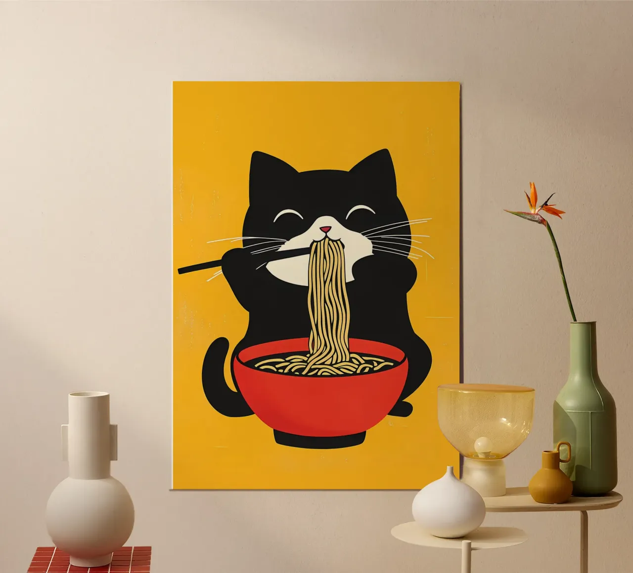 Chat mangeant des ramen poster avec cadre en aluminium de Bartosz Powalka